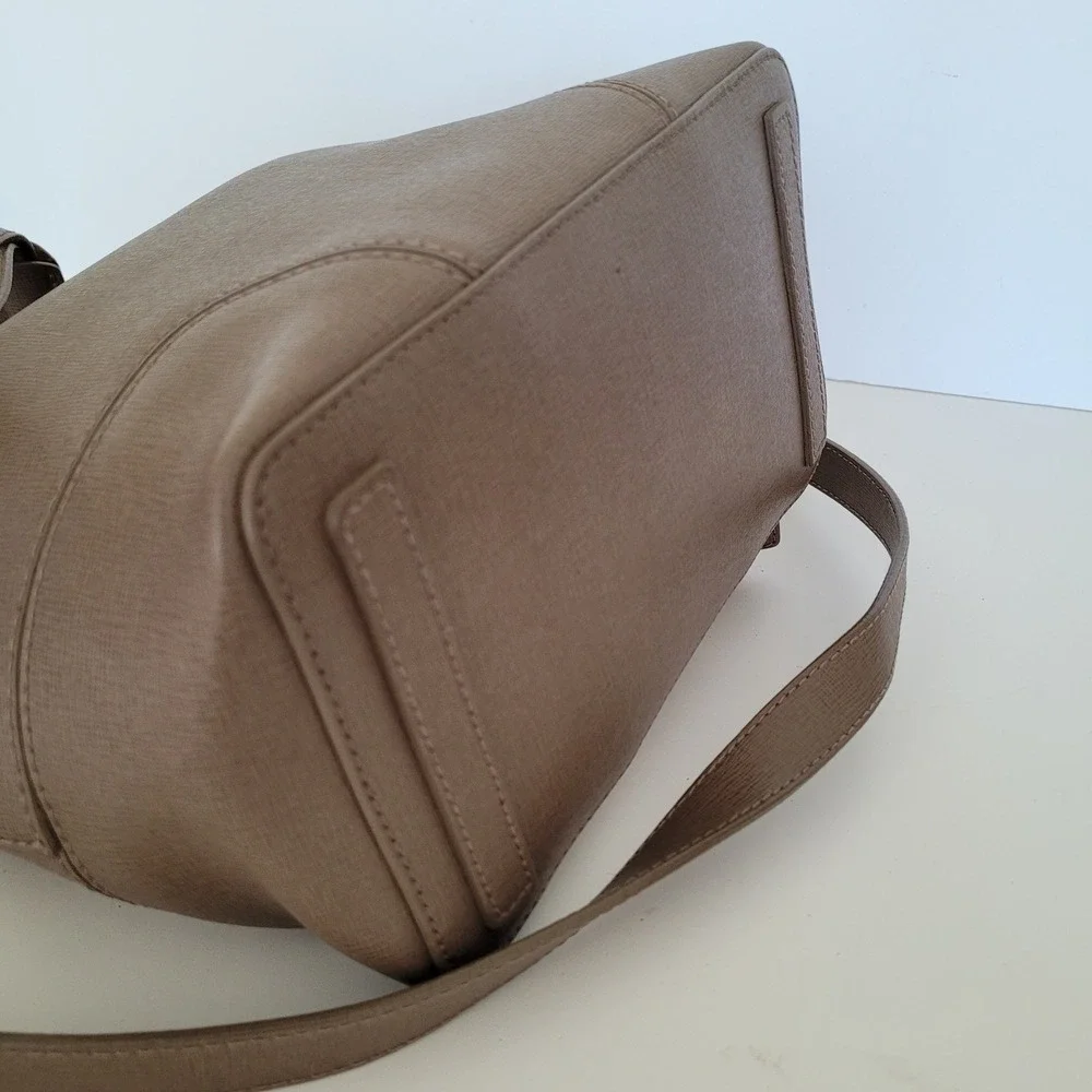 Furla Stacy Saffiano Leather Bucket Bag Taupe Brown Drawstring Crossbody